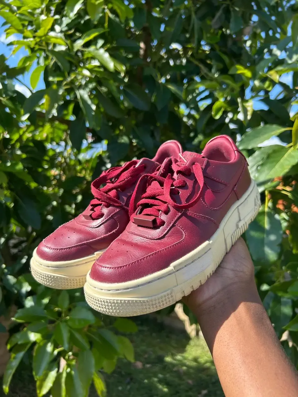 Burgundy Air Force 1 Pixel with yellowed soles, before outsole whitening